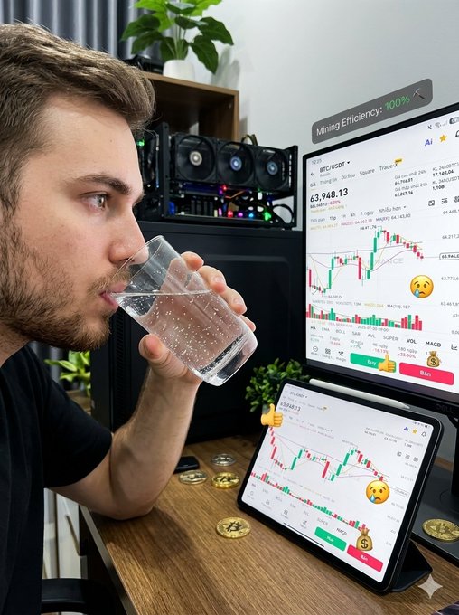 A young man drinks from a glass of water while sitting at a desk with cryptocurrency trading charts displayed on a monitor and tablet, with physical Bitcoin coins scattered on the desk and an overlay showing "Mining Efficiency: 100%" and "BTC/USDT 63,948.13".