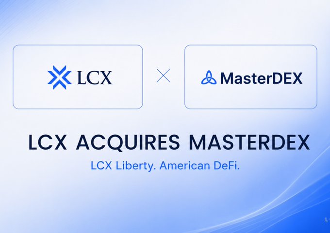 A promotional graphic with a light blue gradient background announces "LCX ACQUIRES MASTERDEX" in bold black text, featuring the LCX and MasterDEX logos side by side separated by an "×" symbol, along with the tagline "LCX Liberty. American DeFi." The image visually reinforces the social media post's announcement about LCX's strategic acquisition of MasterDEX as its entry into American DeFi, complementing the linked media coverage from outlets like Business Insider, CryptoRank, Dealroom, and AP News.