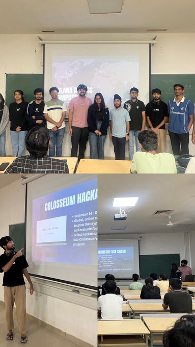 A collage of three photos showing a 'Colosseum Hackathon' event, featuring presenters discussing 'The Bitcoin Race' and 'Industry Use Cases' to an audience in a classroom.