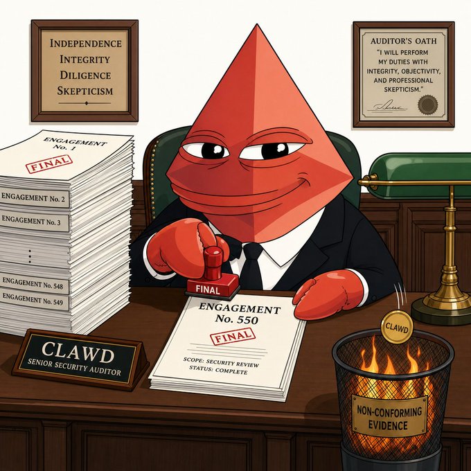 A cartoon red pyramid-headed character in a suit sitting at a desk as 'CLAWD SENIOR SECURITY AUDITOR', stamping 'ENGAGEMENT No. 550' as 'FINAL', with framed 'INDEPENDENCE INTEGRITY DILIGENCE SKEPTICISM' and 'AUDITOR'S OATH' on the wall, and a trash can labeled 'NON-CONFORMING EVIDENCE' burning a 'CLAWD' tag.
