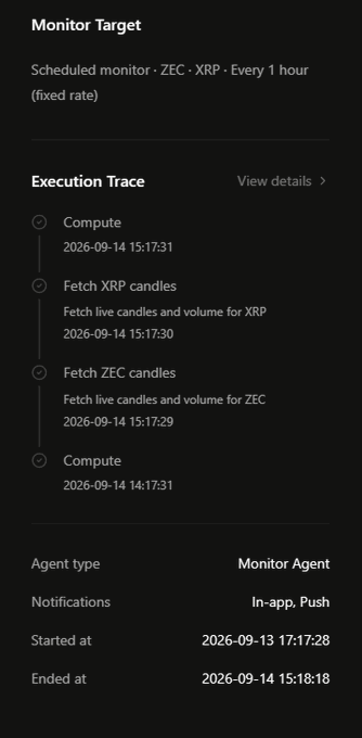 A dark-mode app screen displays a 'Monitor Target' scheduled monitor for ZEC · XRP every 1 hour, showing an Execution Trace with timestamps and details like 'Agent type: Monitor Agent' and notifications set to 'In-app, Push'.