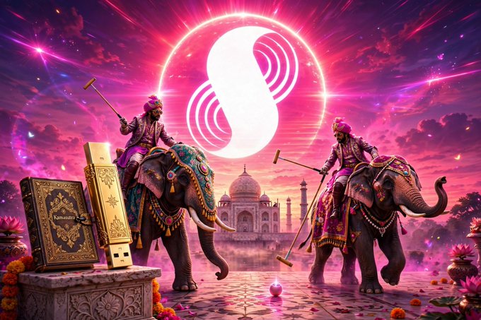 A vibrant digital artwork featuring two figures riding decorated elephants in front of the Taj Mahal under a pink and purple sky, with an 'S' logo glowing above and 'Saros sarmeldes' visible on a book.