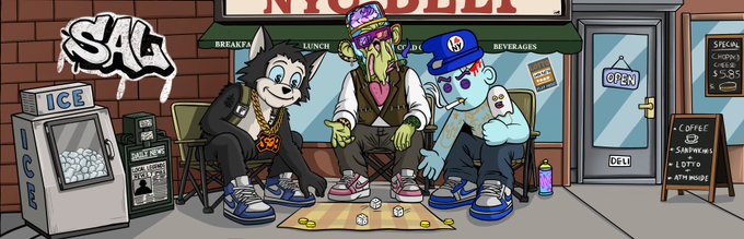 Three cartoon characters—a black-and-white cat, a green ogre-like figure, and a blue zombie—hang out in front of an "NYC DELI" serving breakfast, lunch, and beverages, with an ice machine, "SALE" graffiti, and a chalkboard listing coffee, smoothies, lottery, and atm phone services. The banner ties into the post's NYC deli theme featuring characters from Bored Ape, Feline Fiendz, and the Appreciators IO community.