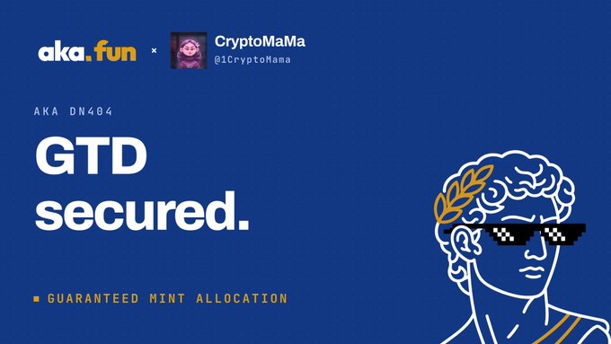 A promotional graphic with a blue background featuring the "aka.fun x CryptoMaMa (@1CryptoMama)" collaboration, labeled "AKA DN404" and "GTD secured - GUARANTEED MINT ALLOCATION," alongside an illustration of a classical-style figure wearing pixelated sunglasses with a laurel wreath. The image supports the giveaway announcement, visually confirming the 5 guaranteed whitelist spots for the AKA DN404 mint allocation on the Arc platform.