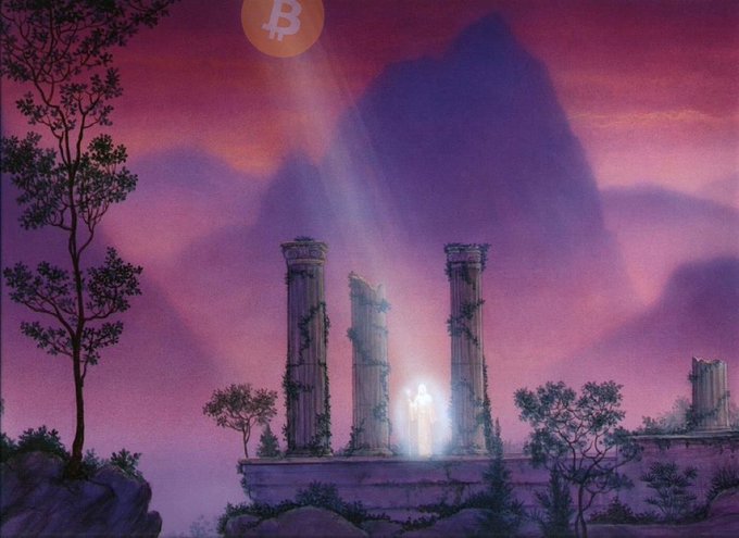 A fantasy landscape illustration shows classical stone columns and a glowing doorway under a purple sky with a Bitcoin symbol displayed in an orange circle.