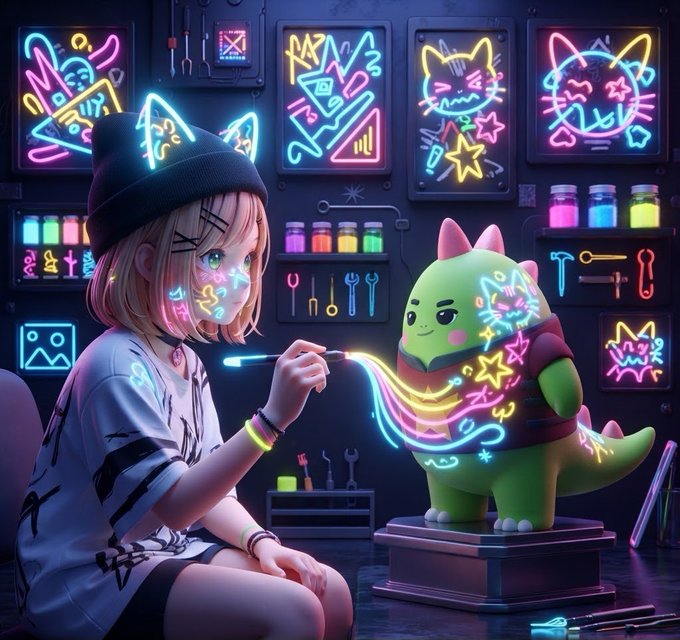 Anime-style digital artwork of a girl in a beanie painting neon glowing symbols onto a small green dinosaur figure, surrounded by neon artwork displays and tools in a workshop setting.