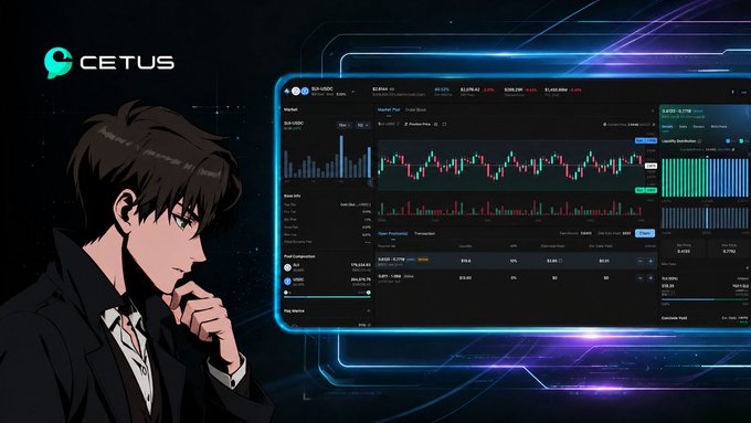 The image features an anime-style character in a suit thoughtfully analyzing a sophisticated trading dashboard for Cetus Protocol on the Sui Network, showcasing candlestick charts, volume metrics, and a "BTC/USDC" market pair. This visually reinforces the post's message about Cetus Protocol being a central, often-overlooked hub of on-chain trading infrastructure within the Sui ecosystem, processing massive volumes through its CLMM and DLMM offerings.
