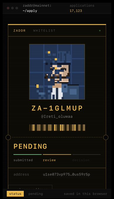 A terminal-style screen shows a pixel art character and the text 'ZADDR WHITELIST', 'ZA-1GLMUP', and '@Ireti_oluwaa' with a 'PENDING' status.