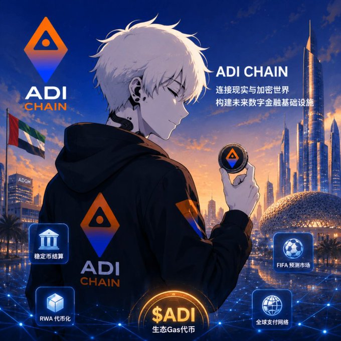 An anime-style male character with white hair stands against a futuristic Dubai skyline, holding up an $ADI coin alongside the ADI Chain logo (featuring an orange triangle emblem) and Chinese text reading "ADI CHAIN" with the tagline "连接现实与加密世界 构建未来数字金融基础设施" (Connecting reality and the crypto world, building future digital financial infrastructure). Surrounding icons highlight features including stablecoin settlements (稳定币结算), FIFA prediction markets (FIFA 预测市场), RWA tokenization (RWA 代币化), and global payment networks (全球支付网络), visually representing the post's claim that $ADI is constructing a serious, multi-faceted financial infrastructure beyond hype-driven L2s.