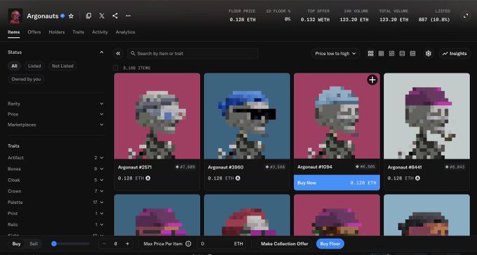 The OpenSea NFT marketplace page for the 'Argonauts' collection, displaying pixel-art character avatars with floor price of 0.128 ETH and 557 unique owners.