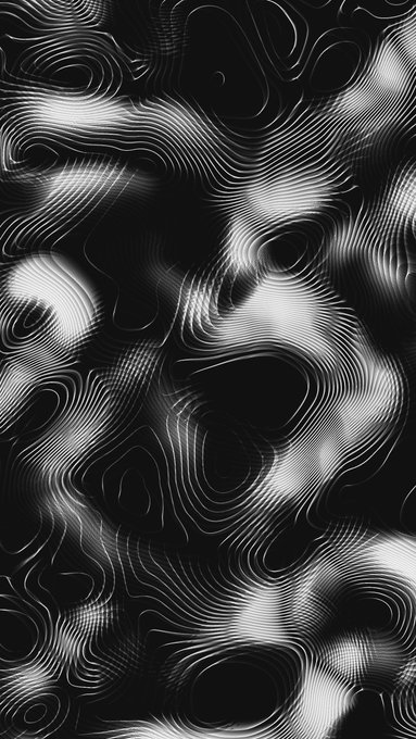 An abstract black and white artwork featuring flowing, wavy topographic-like lines creating an intricate pattern of curves and swirls.