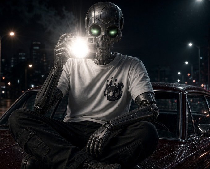 A dark, cinematic digital artwork of a skeletal robot with glowing green eyes, wearing a white t-shirt with a cartoon logo, sitting on a car at night while holding up a hand that emits a bright light.