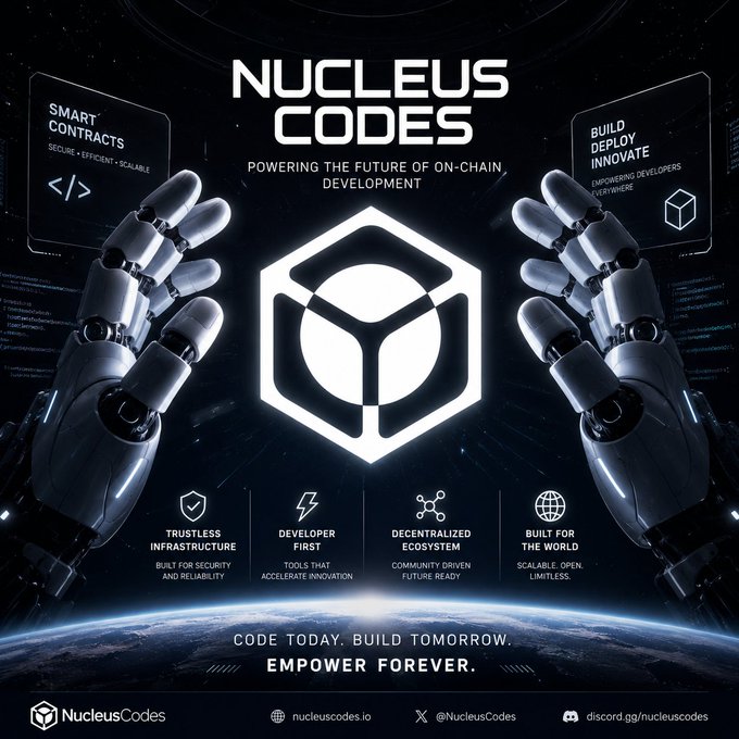 A promotional graphic for Nucleus Codes, featuring robotic hands framing a hexagonal logo, advertising smart contracts and on-chain development tools with the tagline 'Code Today. Build Tomorrow. Empower Forever.' and links to nucleuscodes.io.