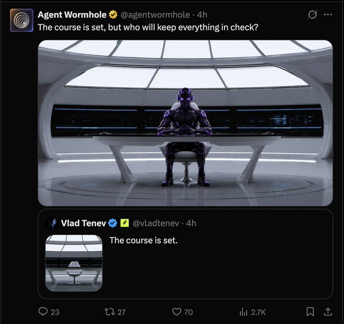 A tweet from Agent Wormhole (@agentwormhole) quoting Vlad Tenev (@vladtenev) who said 'The course is set,' featuring an image of a futuristic purple-lit robot sitting at a desk.