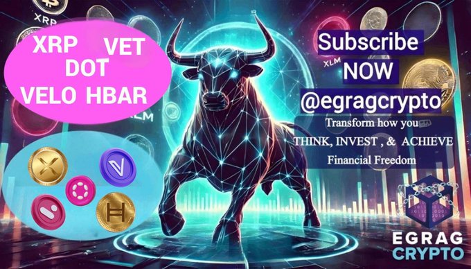 A vibrant promotional graphic for EGRAG CRYPTO (@egragcrypto) features a glowing, holographic bull surrounded by floating coins and logos representing XRP, VET, DOT, VELO, and HBAR, with the tagline "Transform how you THINK, INVEST, & ACHIEVE Financial Freedom." The bold bullish imagery reinforces the caption's "Coming" teaser, signaling an anticipated breakout or rally for these highlighted altcoins.