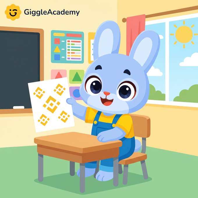 An educational cartoon featuring a blue bunny character from 'GiggleAcademy' sitting at a school desk and holding up a paper with a QR code.