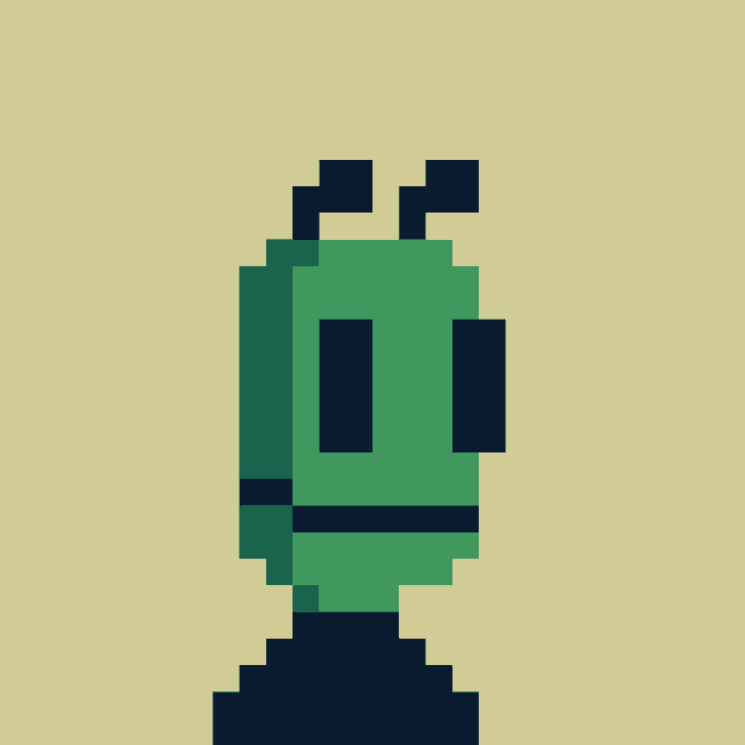 A simple pixel art style drawing of a green and dark blue figure on a pale yellow background.
