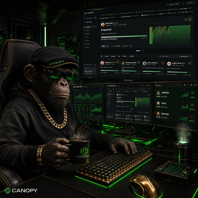 A stylized image of a chimpanzee wearing a 'CANOPY' branded cap and sunglasses, adorned with gold chains, sitting at a multi-monitor crypto trading setup with green-themed displays.