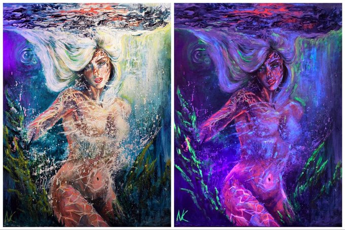 Two side-by-side paintings depict a female figure submerged underwater with flowing white hair; the left version uses lighter, multicolored tones, while the right uses darker purple and blue hues, both marked with 'NK'.