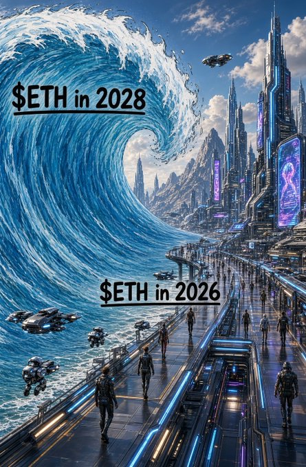A colossal wave labeled "$ETH in 2028" crashes toward a futuristic cyberpunk cityscape, dwarfing the smaller "$ETH in 2026" wave already approaching a high-tech walkway where futuristic figures and vehicles traverse, visually capturing the post's message about Ethereum's approaching "Tokenization Tsunami" and the accelerating wave of adoption still to come.