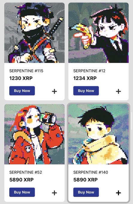 NFT marketplace displaying four pixel art 'Serpentine' collectibles priced in XRP (1230 XRP for #115 and #12, 5890 XRP for #52 and #140) with Buy Now buttons.