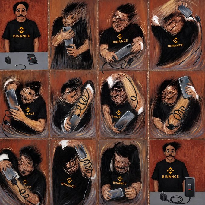 The image is a painted multi-panel illustration showing a man wearing a black "BINANCE" t-shirt frantically contorting his body in various awkward positions while desperately trying different angles to plug in and charge his phone, humorously matching the caption "Me testing every possible angle to make it charge." The first and last panels show him calmly standing with the phone and charger, while the middle panels depict his increasingly exaggerated and desperate attempts to get the charger to work.