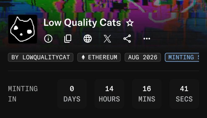 NFT minting page for "Low Quality Cats" on Ethereum with a countdown timer showing 0 days, 14 hours, 16 minutes, 41 seconds remaining.