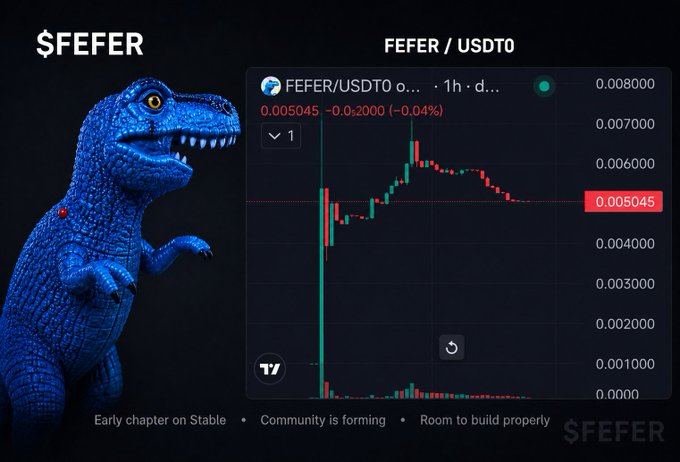 The image promotes $FEFER, a blue dinosaur-themed meme token on Stable, paired with USDT0, with a 1-hour TradingView chart showing its price at 0.005045 USDT0 (down 0.04%). The graphic emphasizes the project's early stage with text highlighting "Early chapter on Stable," "Community is forming," and "Room to build properly," visually supporting the caption's narrative of discovery and early-stage potential.