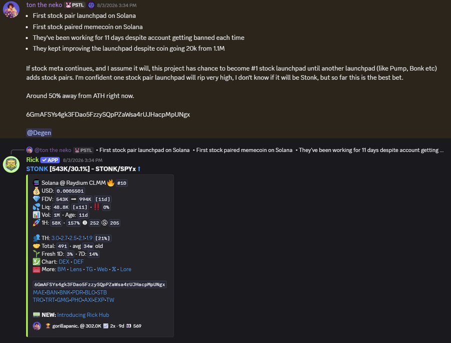 A Discord conversation shows users "ton the neko" and "Rick" discussing $STONK, the first stock-paired memecoin and launchpad on Solana, with Rick sharing a Raydium chart showing $STONK at a $543K market cap (30.1%) with 1H volume up 157%. The post highlights the caller's track record of predicting major memecoin runs including $STONK's 500k to 190m move, aligning with the discussion of $STONK's early launchpad potential.