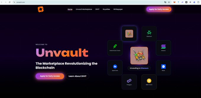 The image shows the Unvault homepage, branded as "The Marketplace Revolutionizing the Blockchain," featuring a 3x3 grid of category icons including MultiversX, Shrapnel, Rainbow Chain, Spinchi, ApeChain, Unvaulting to Ethereum, Base, Pendgm, and ZNS Coins. The post highlights Unvault's new Genesis Bugz leaderboard feature, which prioritizes onchain NFT reputation over attention-farming points, with the top 200 wallets earning Phase 1 whitelist access.