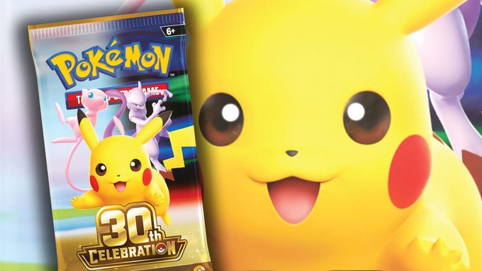 A Pokémon TCG '30th Celebration' booster pack featuring Pikachu, Mewtwo, and Mew, displayed next to a large close-up of a Detective Pikachu figure.