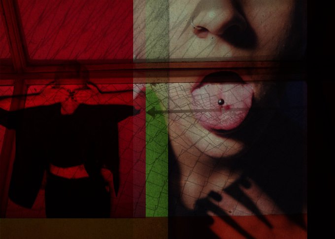 A dark, surreal collage combining a close-up of a person's lower face and tongue with a piercing, alongside a silhouette of a clothing rack against a red-lit background.