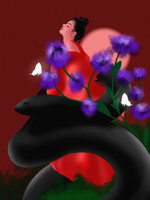 An artistic digital illustration of a woman in a flowing red dress with closed eyes, surrounded by purple flowers, white butterflies, and a large black snake against a dark red background.