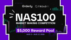 This image announces the Orderly and Tread FI NAS100 Market Making Competition from August 3-17, 2026, with a $5,000 Reward Pool, visually promoting the event described in the accompanying post.