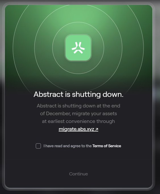 A dialog box announcing that the service 'Abstract is shutting down' at the end of December, instructing users to migrate their assets to migrate.abs.xyz, with a checkbox to agree to the Terms of Service.