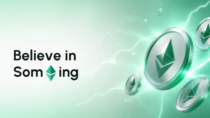 A promotional graphic featuring the text "Believe in Something" alongside a stylized "E" diamond logo, with floating green Ethereum coins and lightning effects against a gradient green background, celebrating Ethereum's 11-year legacy of innovation.