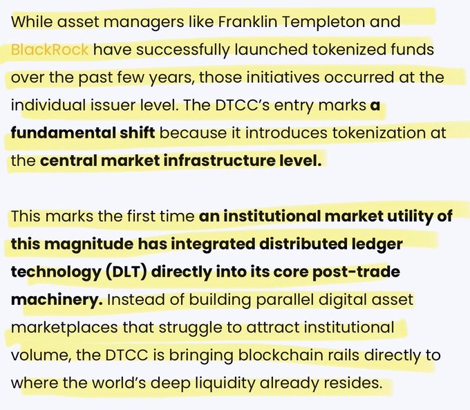 A highlighted text excerpt emphasizing the significance of the DTCC's tokenization service launch as the first instance of an institutional market utility of this scale integrating distributed ledger technology (DLT) directly into its core post-trade infrastructure, noting that over 50 participants including Ripple Prime are set to launch in October.