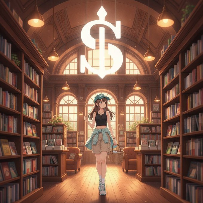 An anime-style illustration of a young woman wearing a cap, black tank top, and shorts, carrying a basket while walking through a warm, ornate library with a glowing dollar sign emblem hanging above.