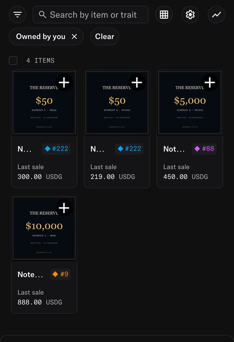 A mobile app screenshot displaying a digital collection called 'THE RESERVE' with 4 owned items valued at $50, $50, $5,000, and $10,000 in USDG, filtered by 'Owned by you'.