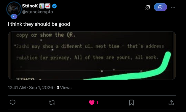 A tweet from user "StánoK @stanokcrypto" posted at 12:41 AM - Sep 1, 2026, stating "I think they should be good" above an image of text mentioning Zashi, UI changes, address rotation for privacy, and a green checkmark with an upward-curving arrow drawn over it.