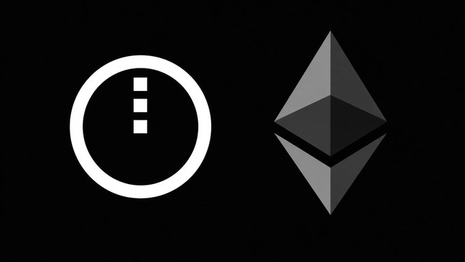 Minimalist black graphic showing a white circular three-dot icon next to the silver Ethereum diamond logo, likely representing a wallet or bridging service.
