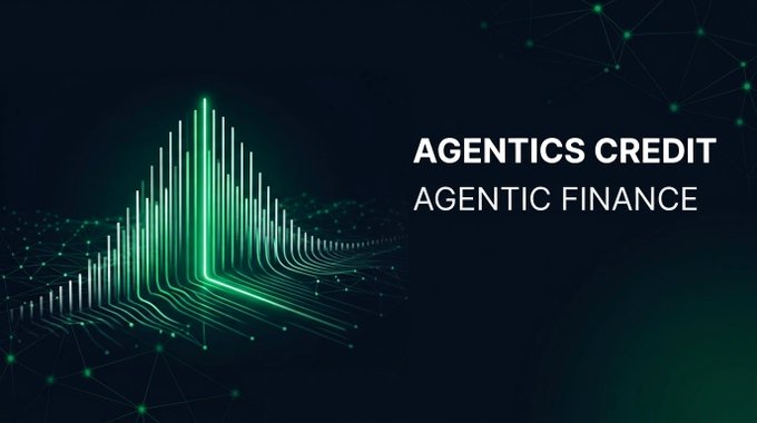 A digital graphic with green waveform/sound visualizer imagery on a dark background, displaying the text 'AGENTICS CREDIT' and 'AGENTIC FINANCE'.