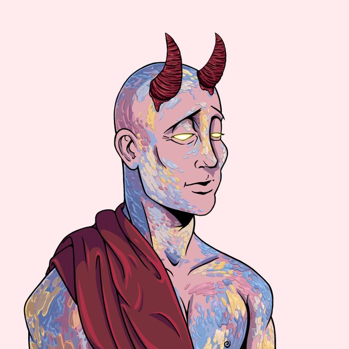 A digital illustration of a horned, multicolored-skinned humanoid character with yellow glowing eyes, wearing a dark red robe or sash, portrayed in a contemplative expression against a white background.