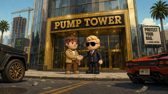 Two stylized cartoon figures in suits shake hands at the gilded entrance of "PUMP TOWER," flanked by a black SUV and a red sports car displaying "PMP 777," with a "PROTECT YOUR BAG" sign in the background. The handshake scene and street littered with cash visually echo the post's message of deals, cap tables, and the $BOARD gameplay where players earn and burn within the first 30 minutes.