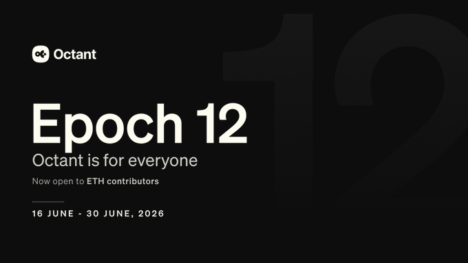 The image shows a black background with white text that reads "Epoch 12 begins today! New app, new look, new features: upgraded qf algorithm, zk-proofs voting". The text also mentions that the app is open for contributors on June 16th and that it has been updated to include a new feature called "zk-proofs voting", which allows users to vote securely using their Ethereum wallet.