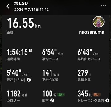 Fitness app screenshot showing a workout summary dated 2026年7月1日 17:12 with stats: 16.55 km distance, 1:54:15:51 elapsed time, 6'54"/km average pace, 6'43"/km average output pace, 5'40"/km fastest 1km, 141 bpm average heart rate, 279m cumulative elevation gain, 1182 kcal calories, 100% efficiency, and 345g training load.