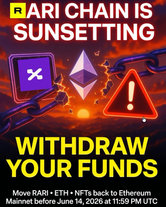 The image features a poster with an illustration of a sunset over mountains. The poster also includes text that reads "Withdraw Your Funds" and "Rari Chain is sunsetting", indicating that users should be prepared to lose their funds due to the chain's imminent departure from existence.