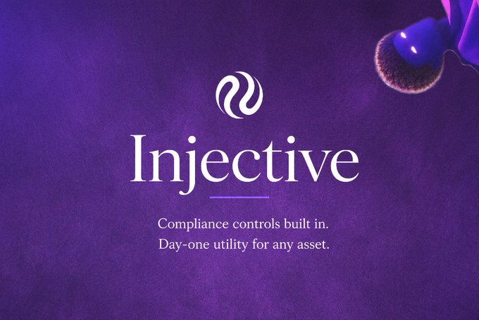 A purple advertisement with a logo and the text 'Injective - Compliance controls built in. Day-one utility for any asset.'