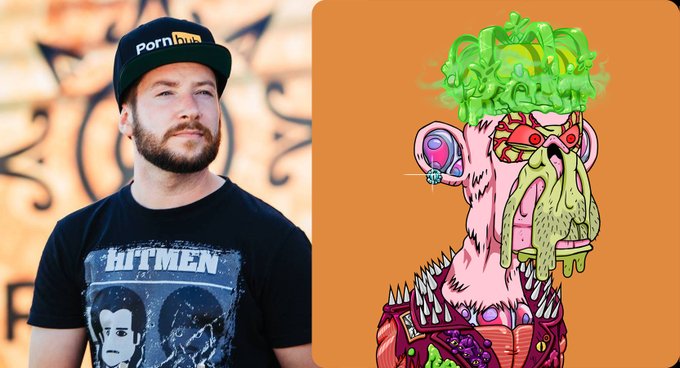A bearded man wearing a black "Pornhub" cap and a "HITMEN" graphic t-shirt stands next to a chaotic, grotesque cartoon ape illustration featuring green slime, bulging eyes, and spiky armor against an orange background, visually matching the post's boast about his wild Bored Ape-style NFT.