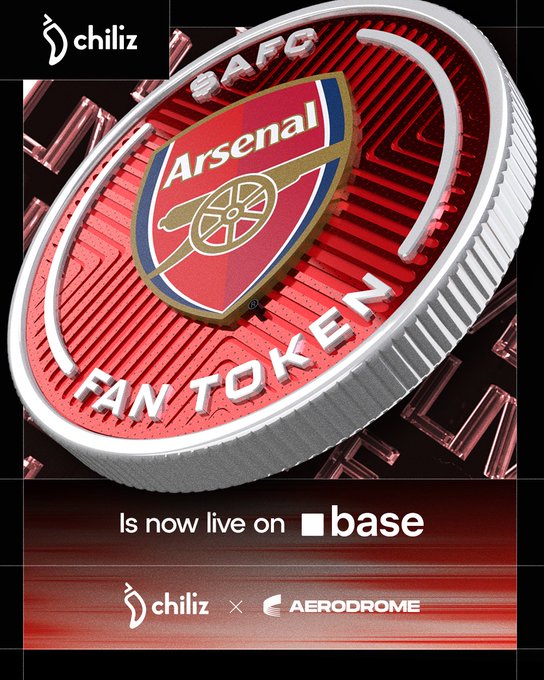 The image features a red coin with an Arsenal football logo, which is the main focus of the poster. Below the coin, there's text that reads "AFC Fan Token" and "is now live on @Base". The text also mentions that the token is listed on AerodromeFi. The post seems to be promoting the Arsenal fan token or a related project, possibly for an event or sponsorship.